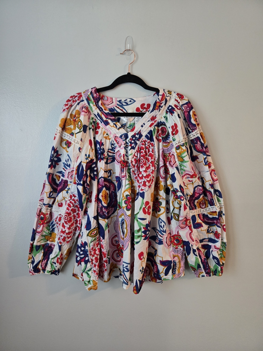 Kaktus Floral 100% Cotton Boho Blouse Puff Sleeve Lace Trim Vibrant Summer